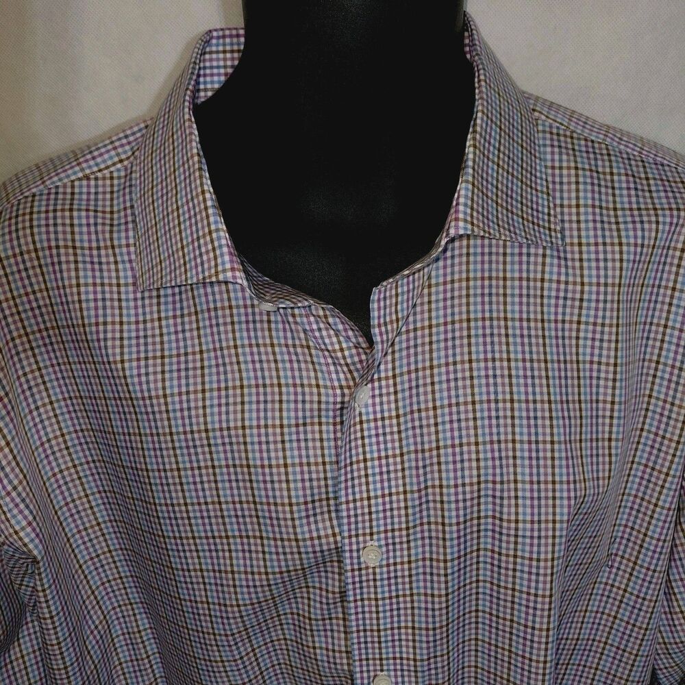 Peter Millar Button Up Shirt Mens 2XL Blue Pink Plaid Long Sleeve Classic Fit - Picture 2 of 12